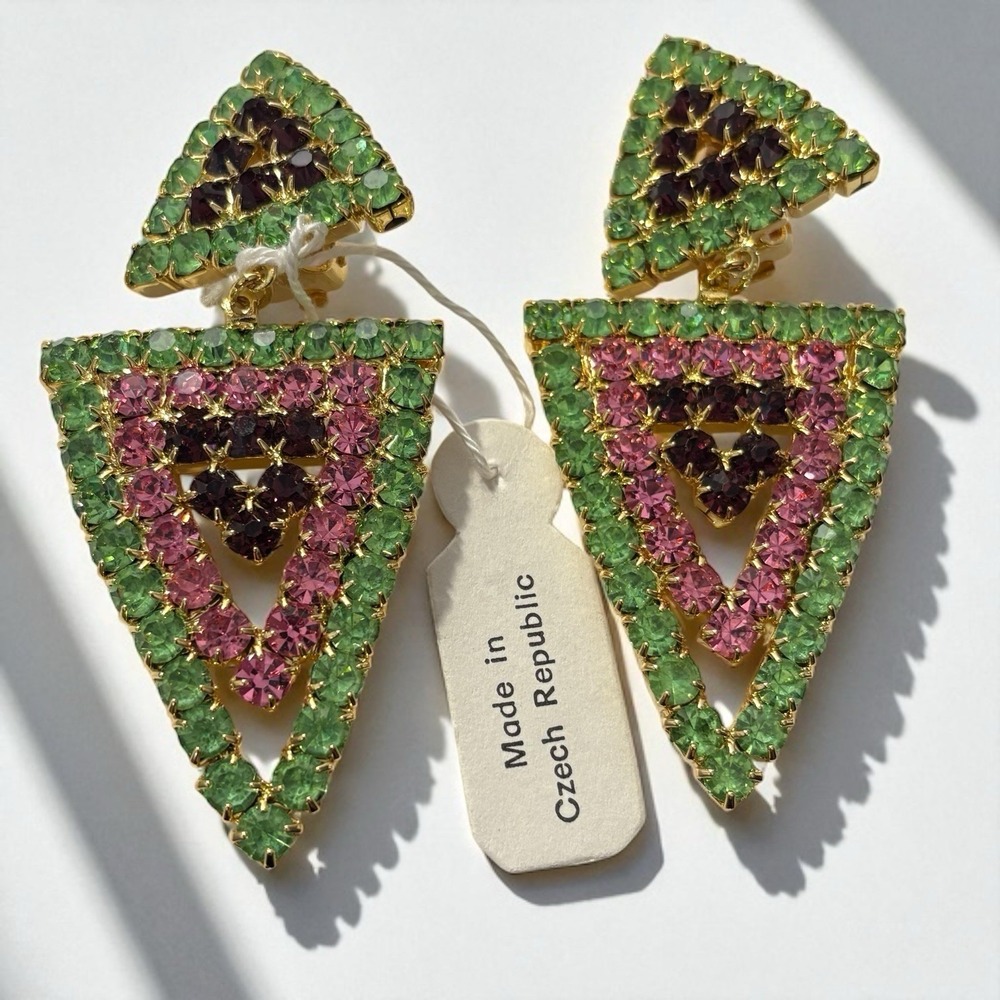 Czech Rhinestone Earrings Fruit Salad Dangle Drop Statement Clip On VTG NOS